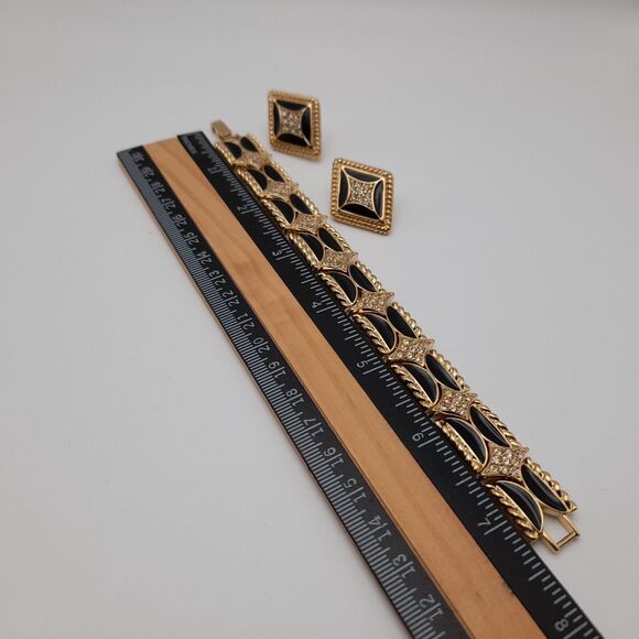 Vintage Park Lane Bracelet Post Earrings Set, Black Enamel Rhinestones - Picture 8 of 11